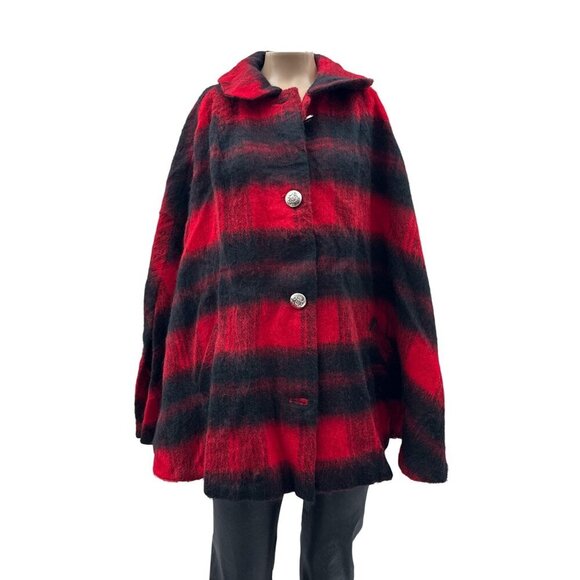 Vintage 60's D.W. Gally Wool Cape‎ Coat Button Jacket Red & Black Plaid Women XL - Picture 1 of 9